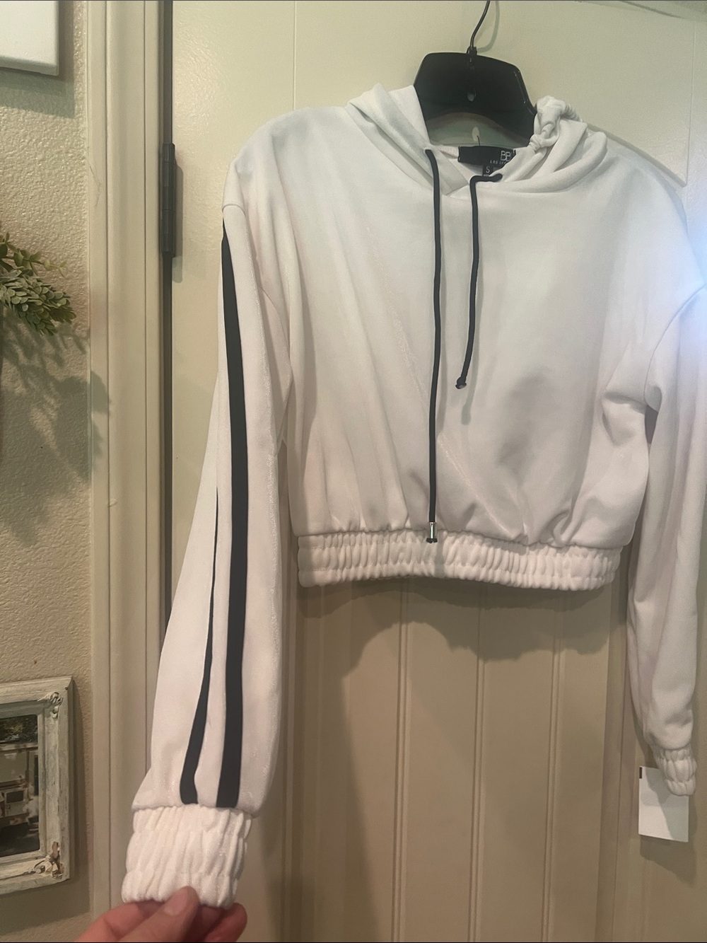BBJ Cropped White Hoodie with Drawstring